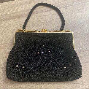 Vintage DeLill Black Beaded Evening Bag Gold Crown Clasp Luxury Elegant Glam